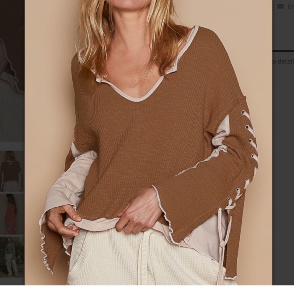 #71 POL Contrasting Color
Block Ribbed Top with Lace up Sleeve - Picture 2 of 9